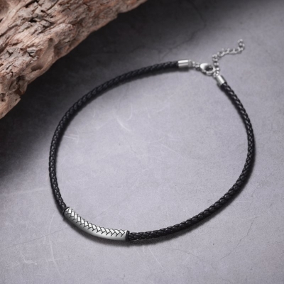 Stainless Steel Tube Black Leather Necklace