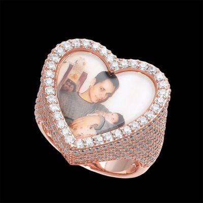 Iced Heart Custom Photo Ring in Rose Gold