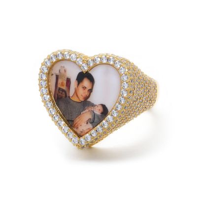 Iced Heart Custom Photo Ring in Gold