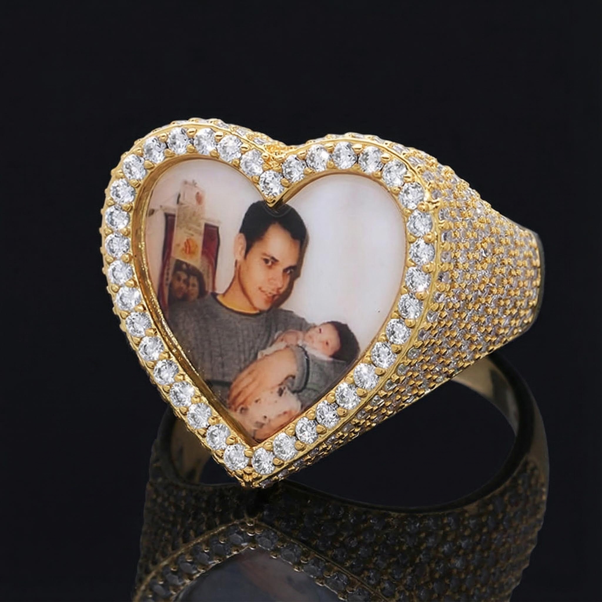 Iced Heart Custom Photo Ring in Gold