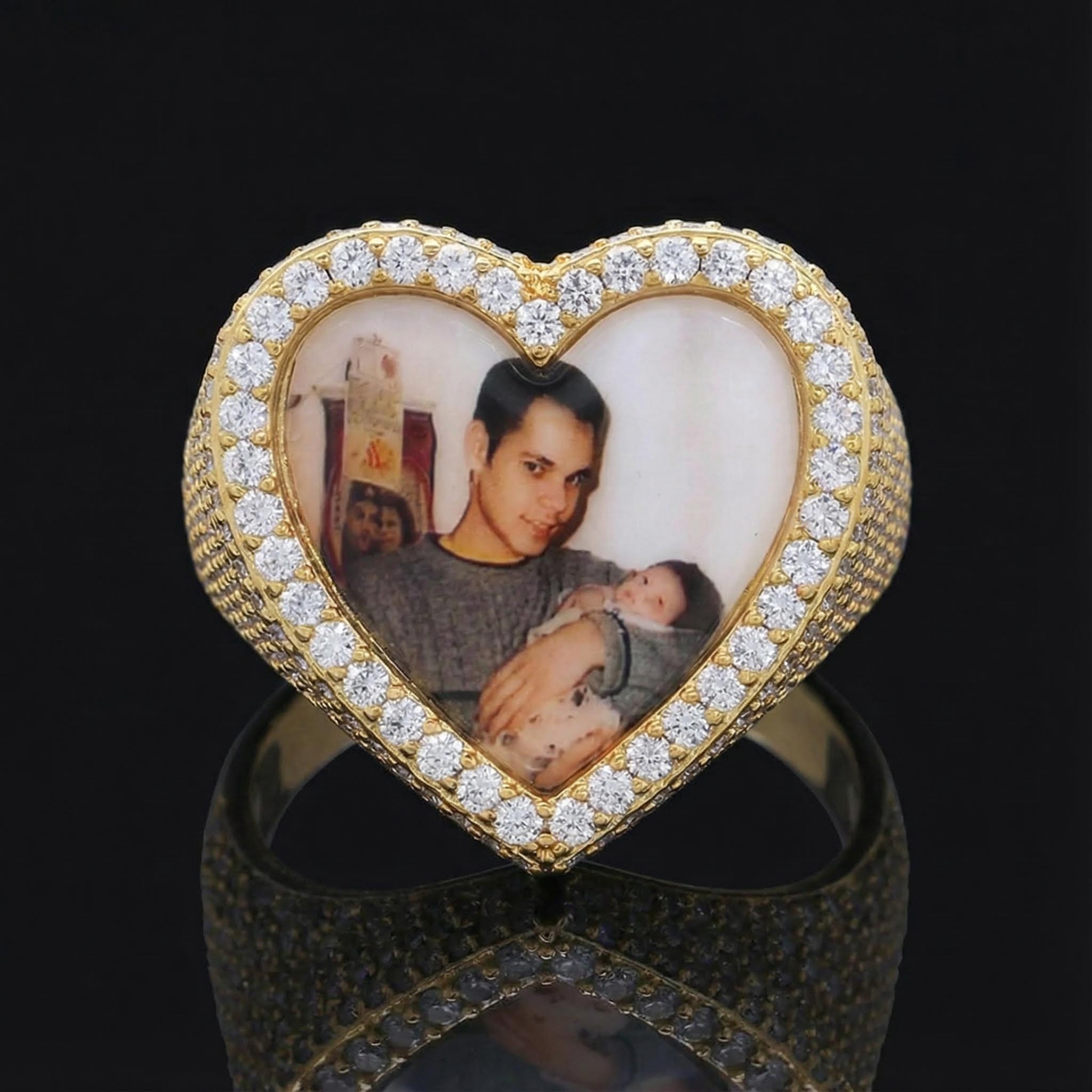 Iced Heart Custom Photo Ring in Gold