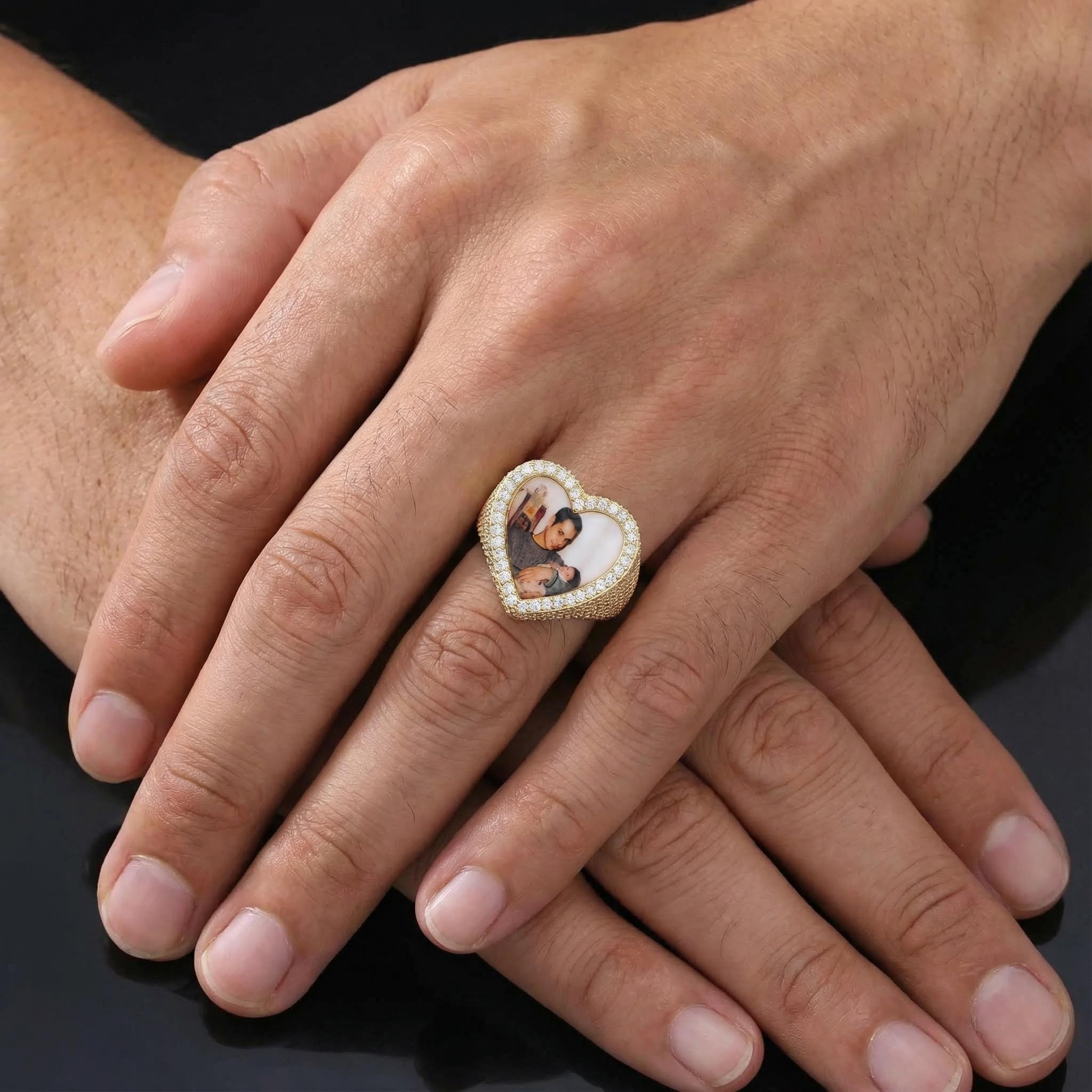 Iced Heart Custom Photo Ring in Gold
