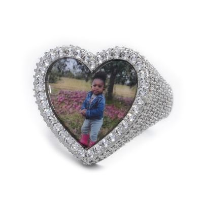 Iced Heart Custom Photo Ring in White Gold