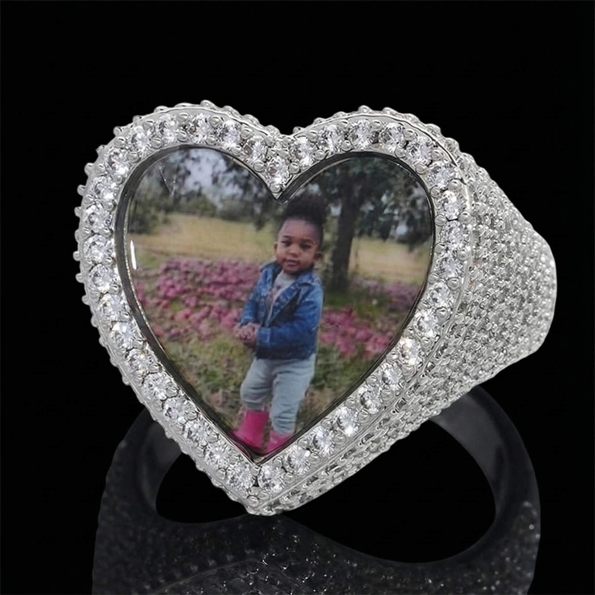 Iced Heart Custom Photo Ring in White Gold