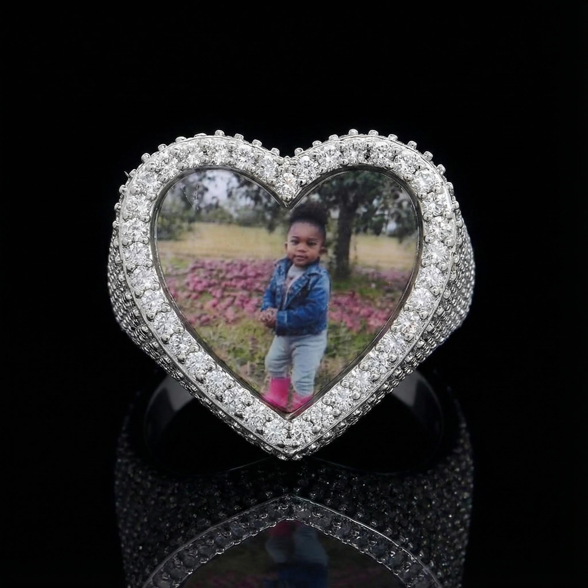 Iced Heart Custom Photo Ring in White Gold