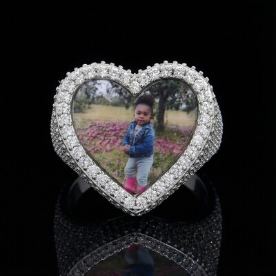 Iced Heart Custom Photo Ring in White Gold