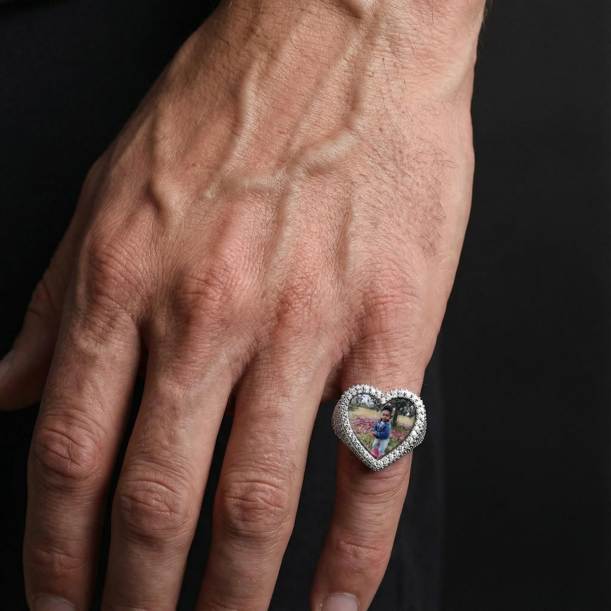 Iced Heart Custom Photo Ring in White Gold