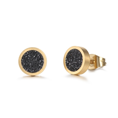 Round Bling Black Stardust Stud Earrings in 18k Gold