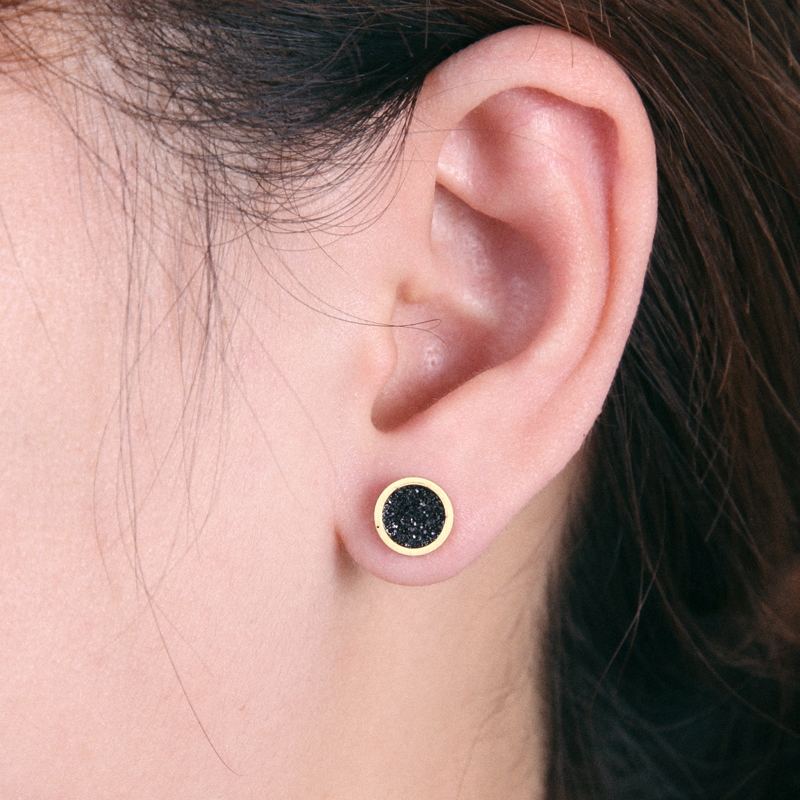 Round Bling Black Stardust Stud Earrings in 18k Gold