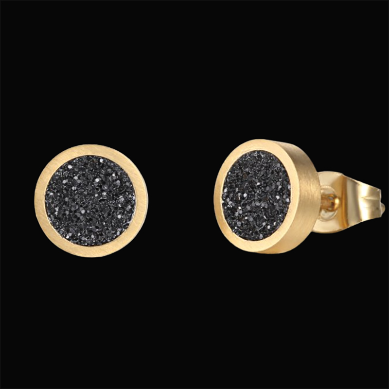 Round Bling Black Stardust Stud Earrings in 18k Gold