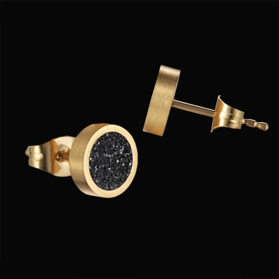 Round Bling Black Stardust Stud Earrings in 18k Gold