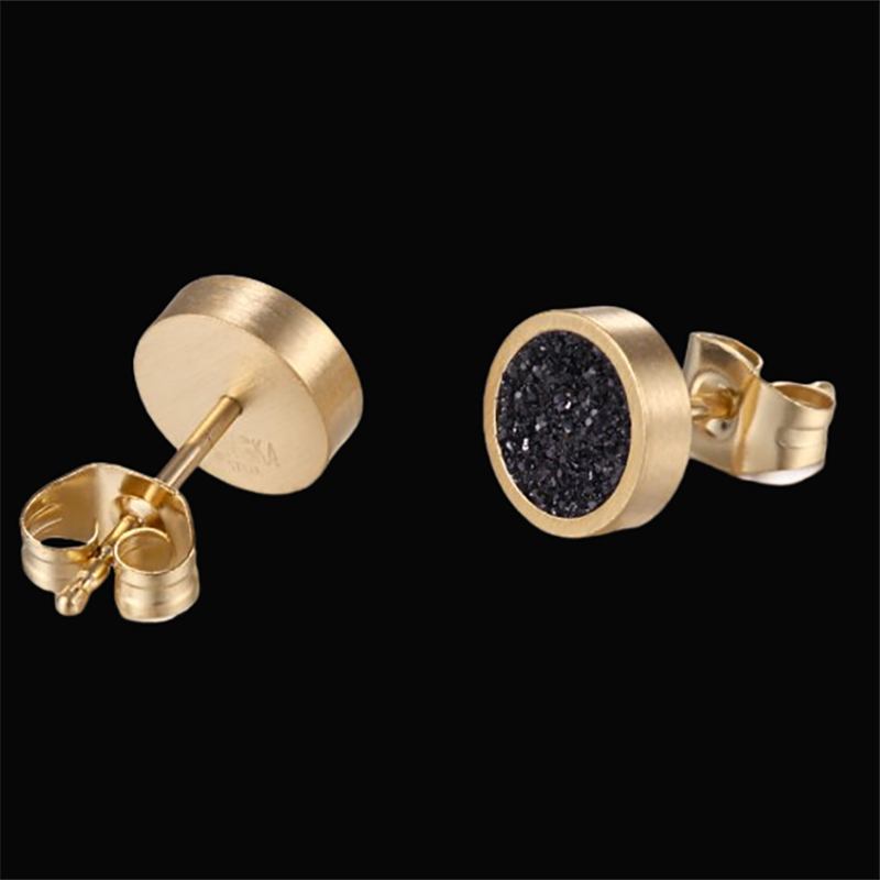 Round Bling Black Stardust Stud Earrings in 18k Gold