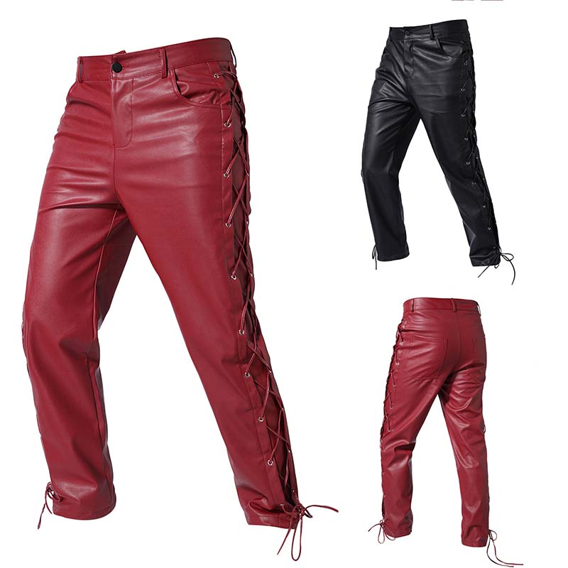 Solid Color Pu Strap Casual Leather Pants