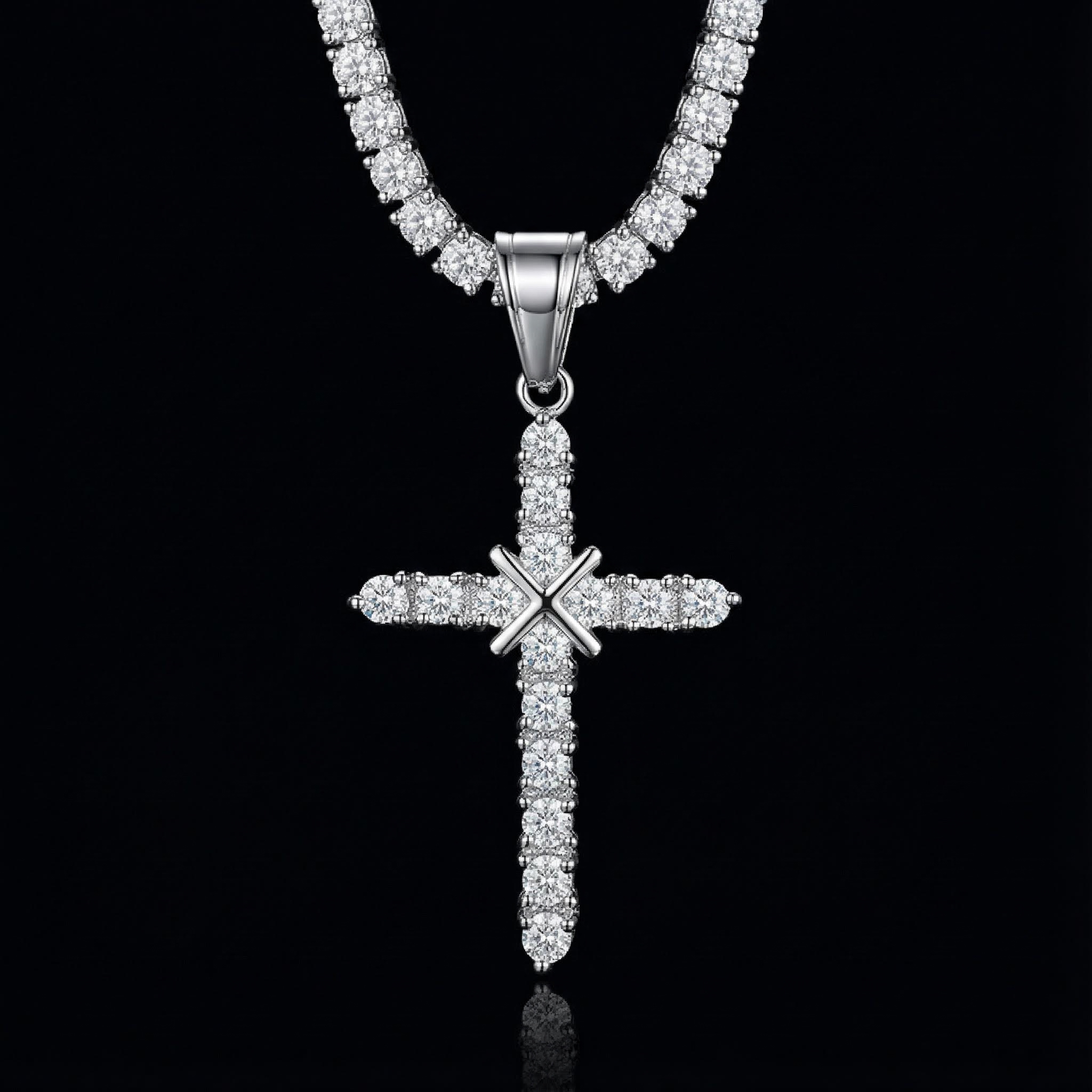 Cluster Tennis Cross Pendant in 18K White Gold