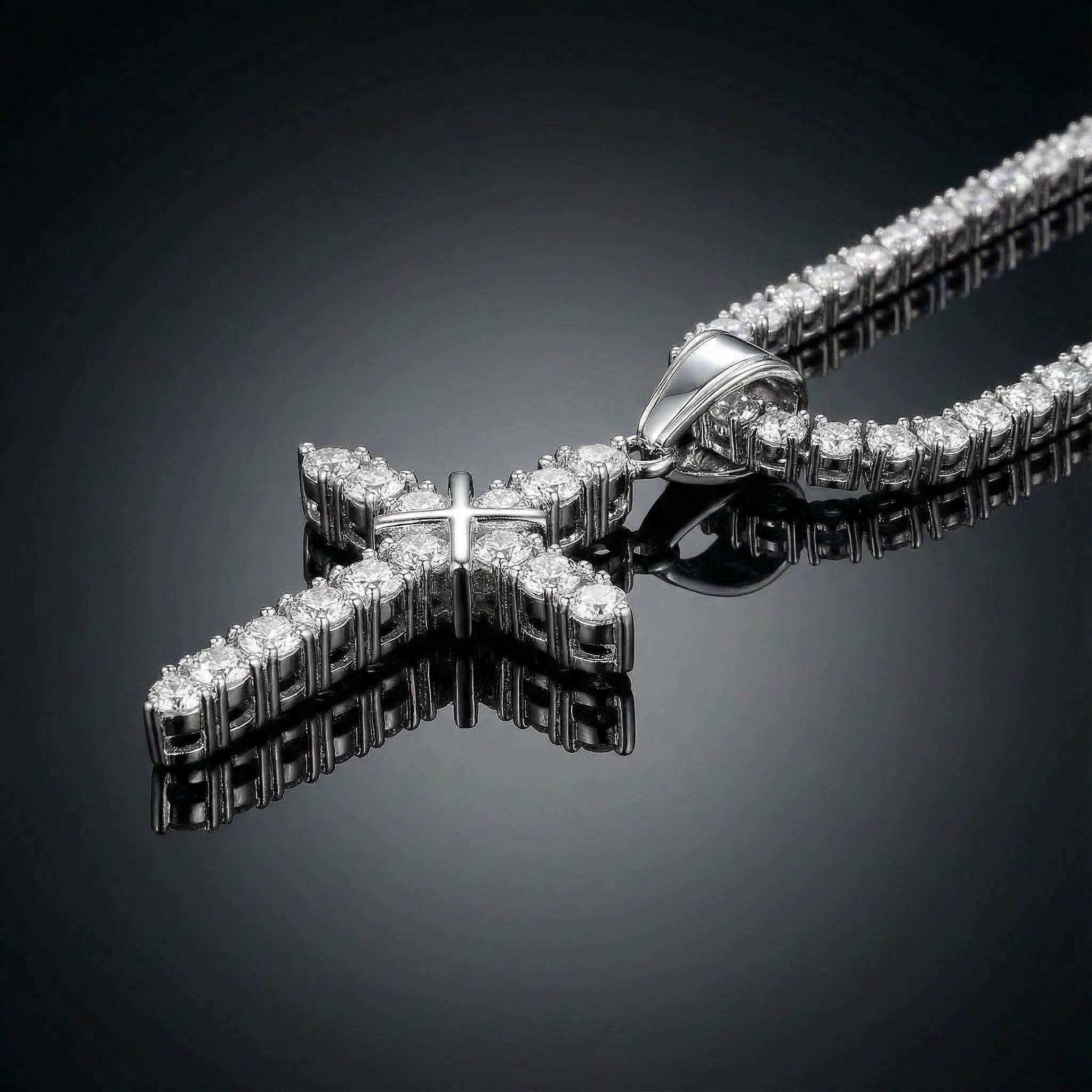 Cluster Tennis Cross Pendant in 18K White Gold
