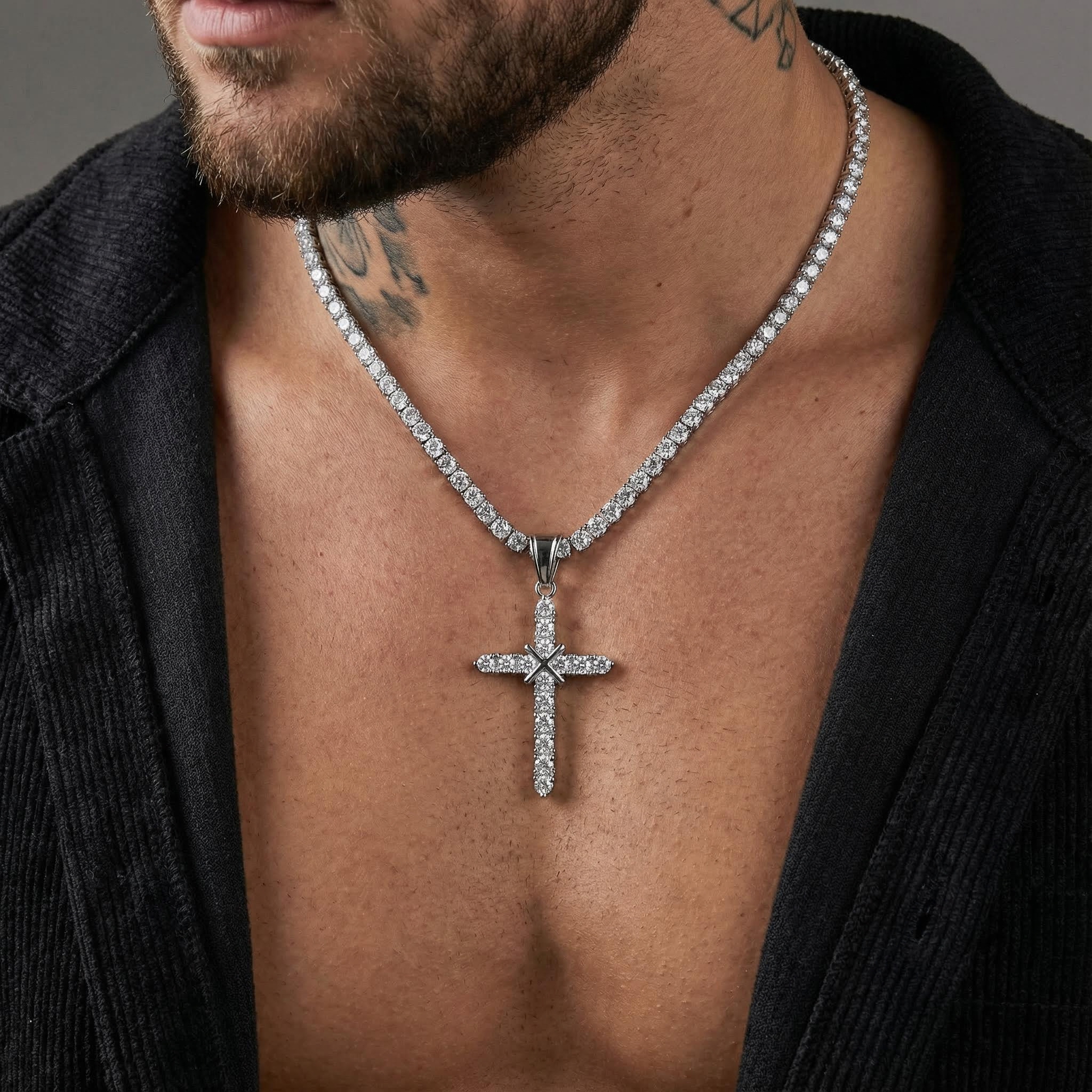 Cluster Tennis Cross Pendant in 18K White Gold