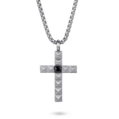 Pyramid Cross Pendant with One  Black Crystal Stone