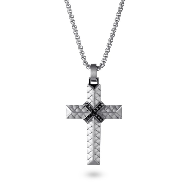 Iced Black Diamond Stainless Steel Braided Cross Pendant