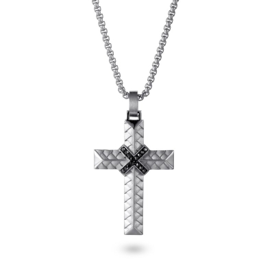 Stainless Steel Cross Pendant with Black Stone