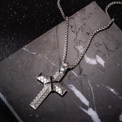 Iced Black Diamond Stainless Steel Braided Cross Pendant