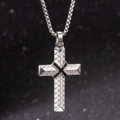 Iced Black Diamond Stainless Steel Braided Cross Pendant