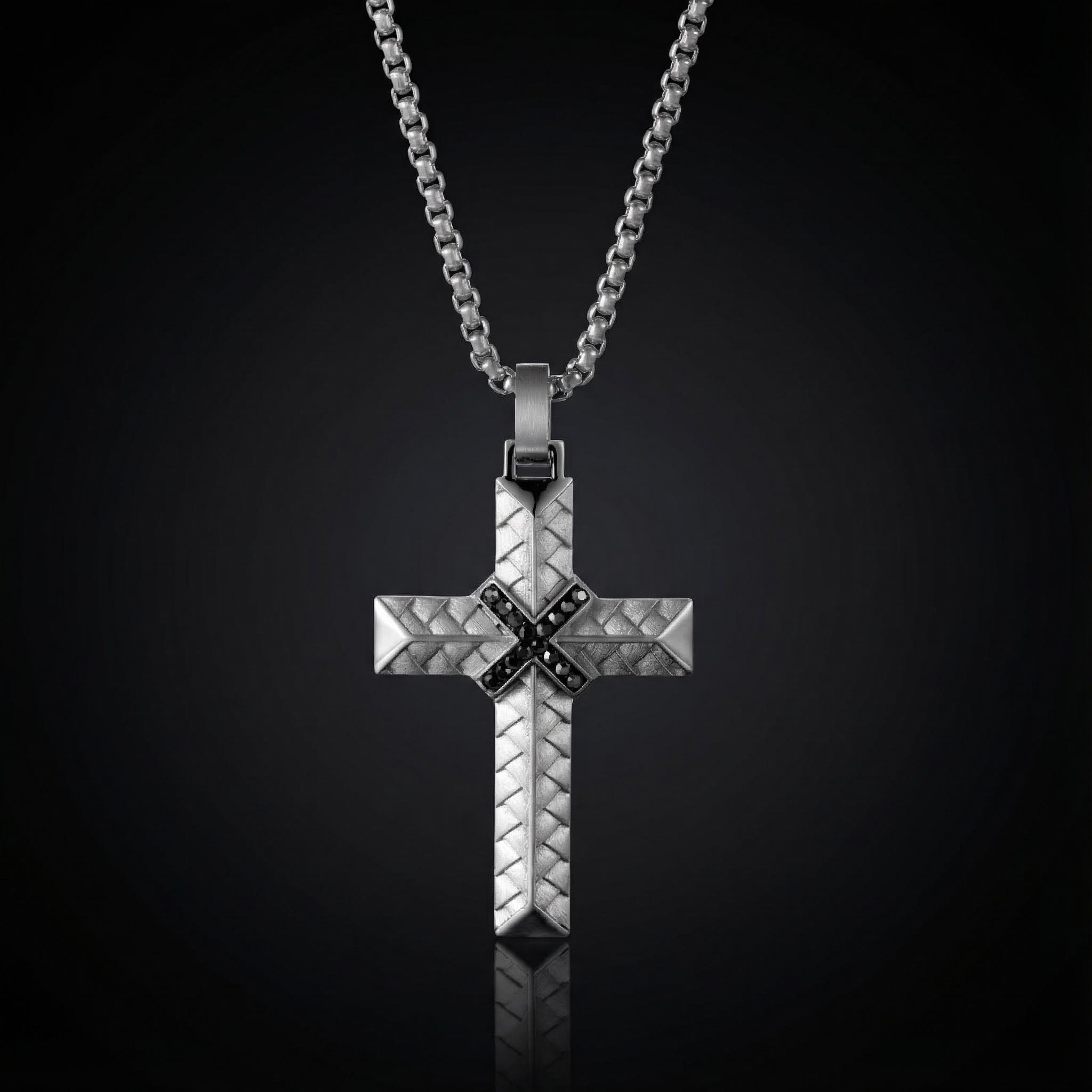 Iced Black Diamond Stainless Steel Braided Cross Pendant