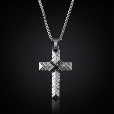 Iced Black Diamond Stainless Steel Braided Cross Pendant