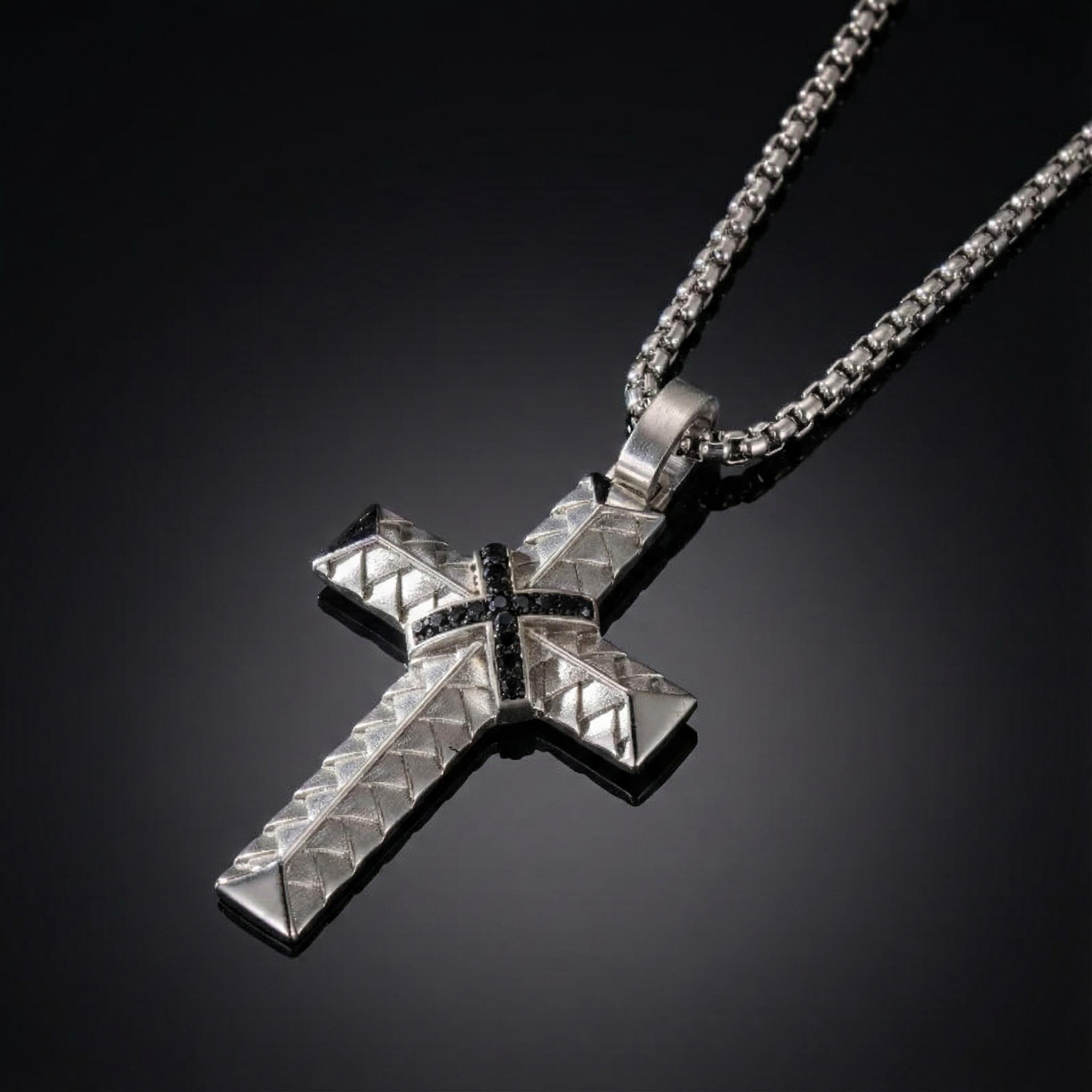 Iced Black Diamond Stainless Steel Braided Cross Pendant