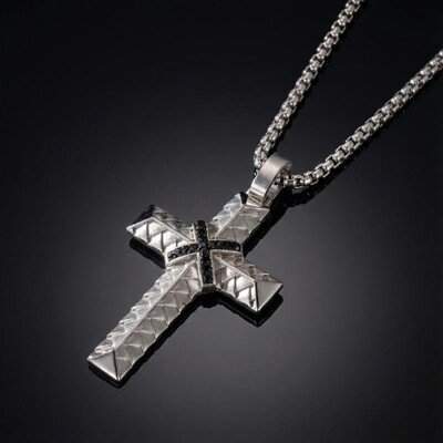 Iced Black Diamond Stainless Steel Braided Cross Pendant