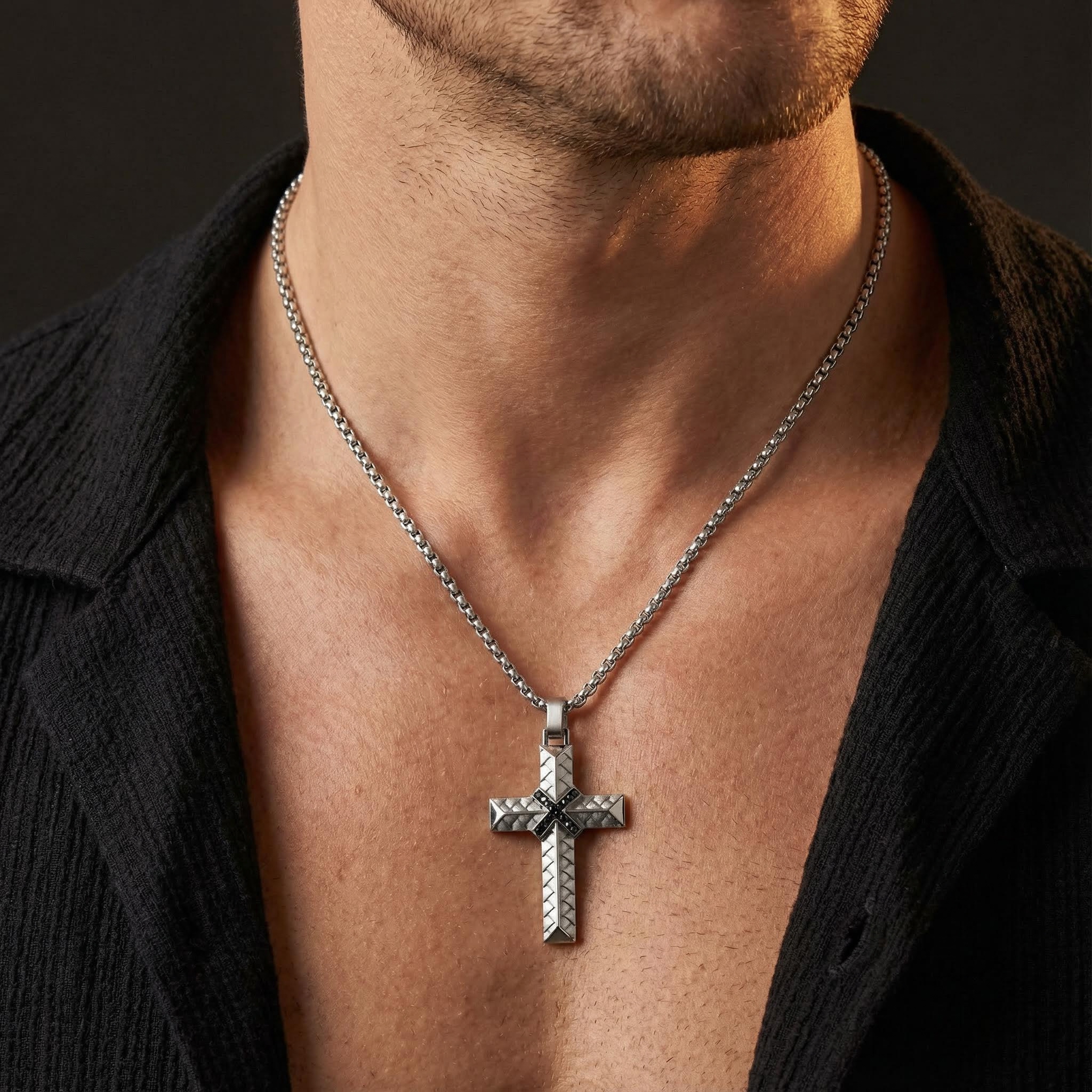 Iced Black Diamond Stainless Steel Braided Cross Pendant