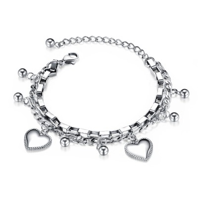 Multi-layer Stainless Steel Love Heart Round Bead Lady Silver Bracelet