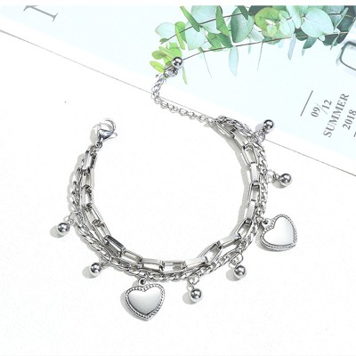 Multi-layer Stainless Steel Love Heart Round Bead Lady Silver Bracelet