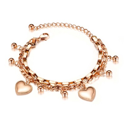 Multi-layer stainless steel love heart round bead ladies rose gold bracelet