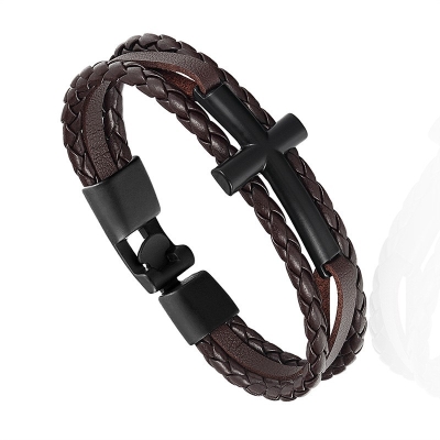 3 Layer Black Cross Leather Bracelet