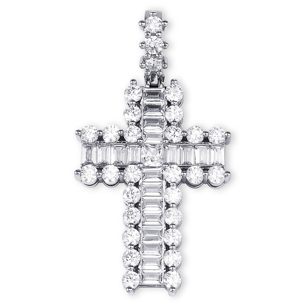 Baguette and Round Diamond Cross Pendant