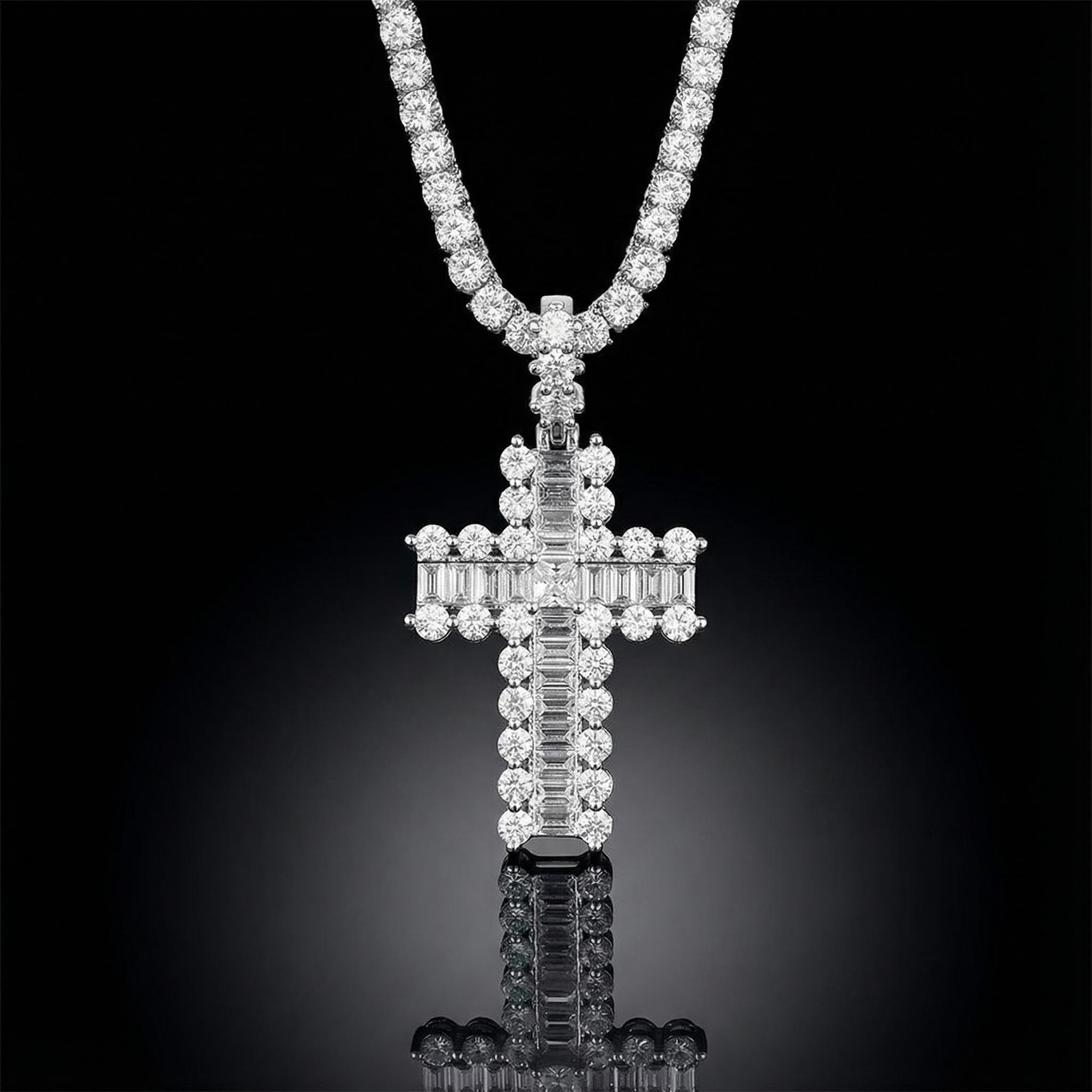 Baguette and Round Diamond Cross Pendant
