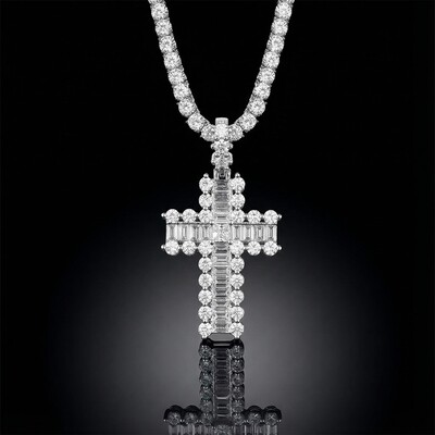 Baguette and Round Diamond Cross Pendant