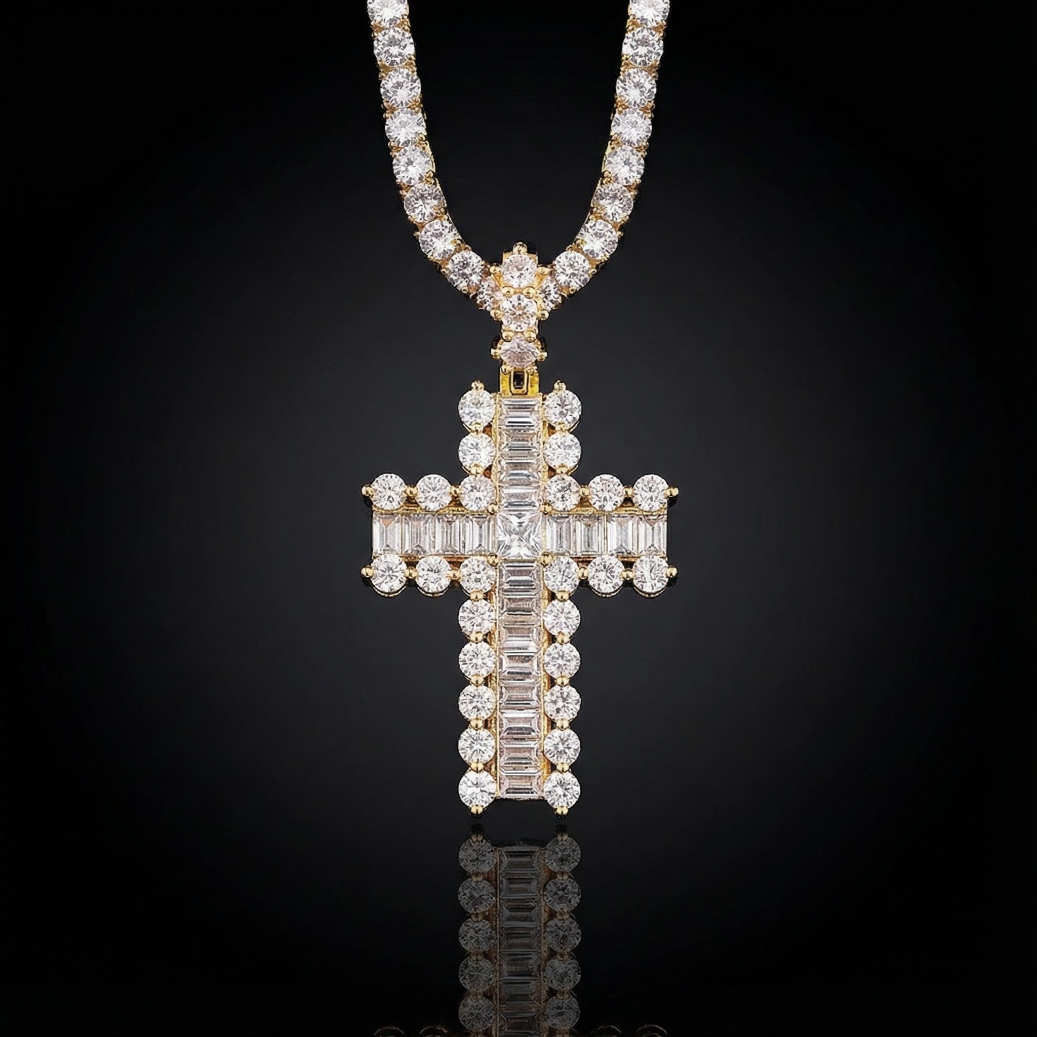 Baguette and Round Diamond Cross Pendant