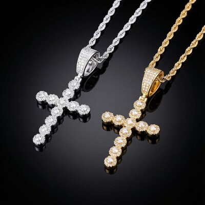 Iced Round Cut Diamonds Cross Pendant in White Gold