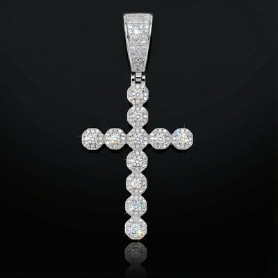 Iced Round Cut Diamonds Cross Pendant in White Gold
