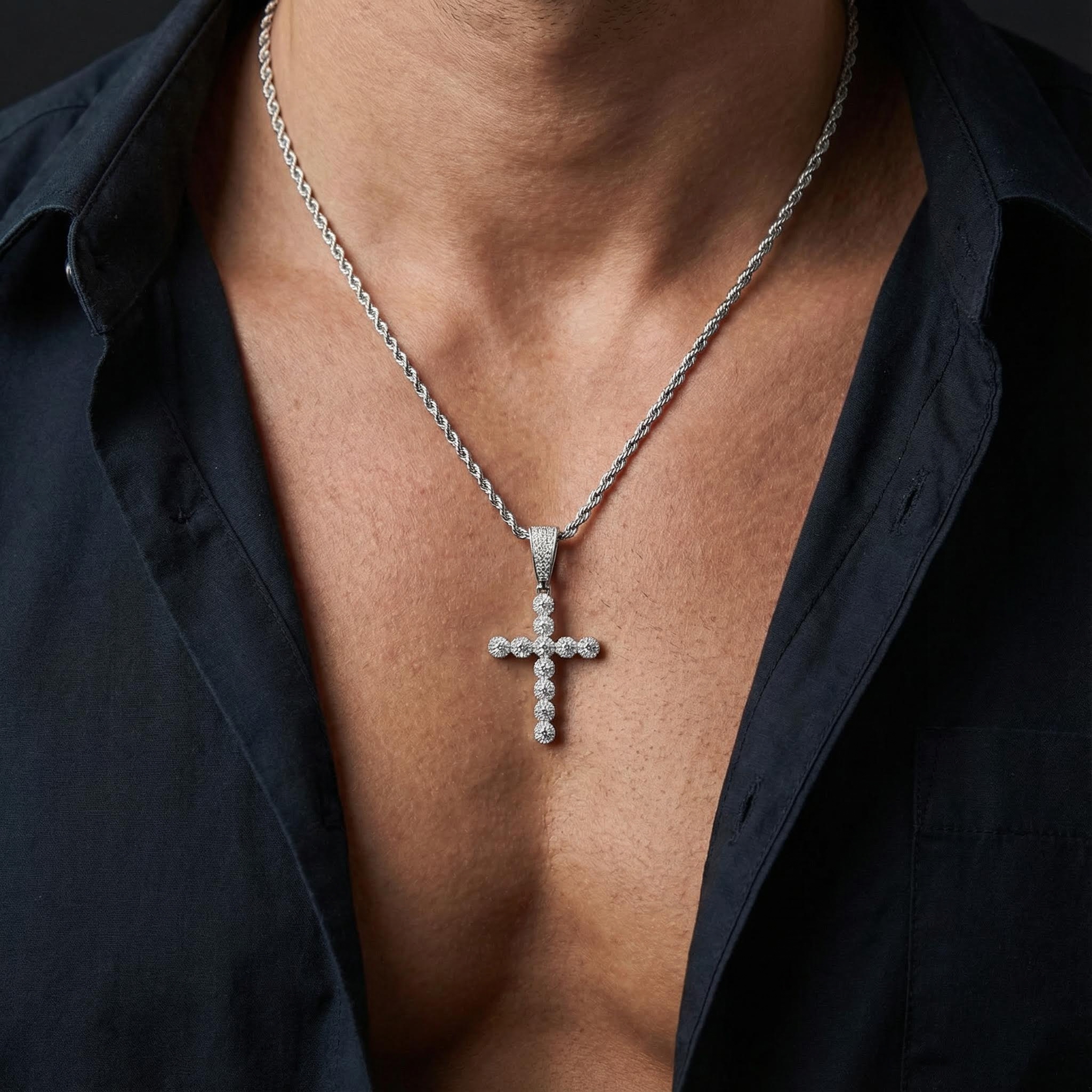 Iced Round Cut Diamonds Cross Pendant in White Gold Iced Round Cut Diamonds Cross Pendant in White Gold