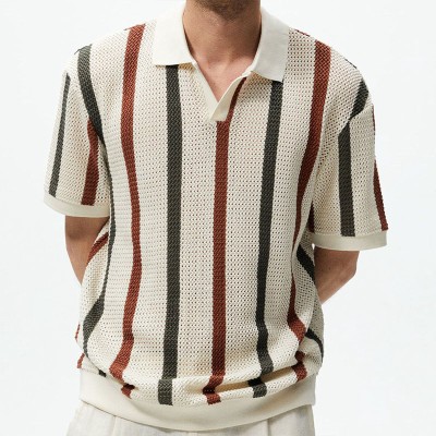 Thick Stitched Hollow Striped Polo Shirt