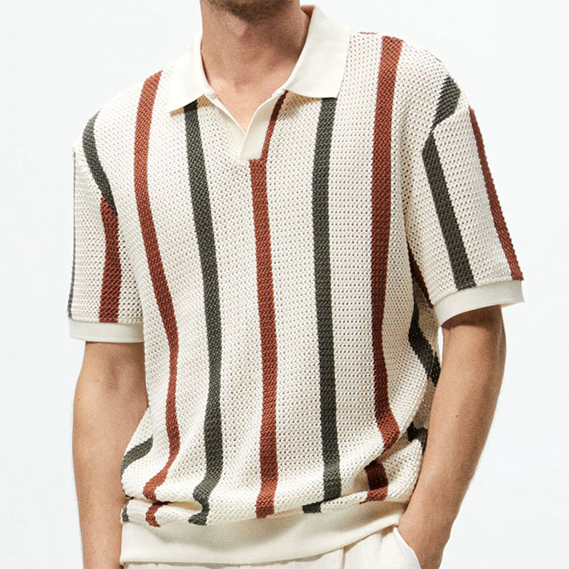 Thick Stitched Hollow Striped Polo Shirt