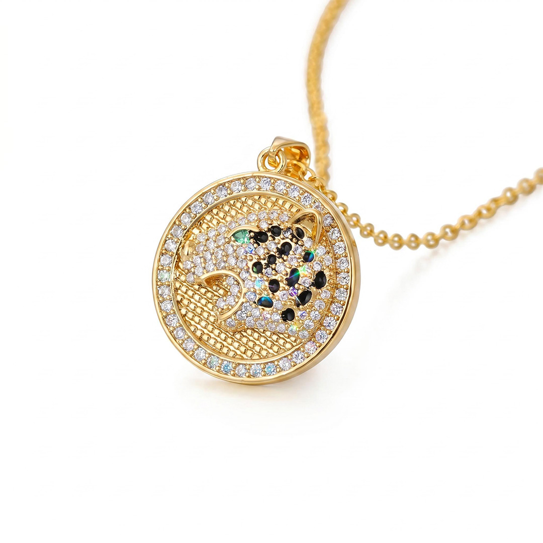 Iced Roaring Leopard Round Pendant in Gold
