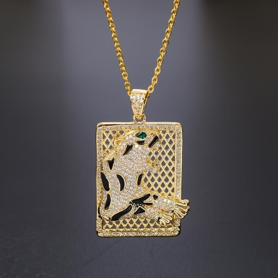 Iced Roaring Leopard Rectangle Pendant in Gold
