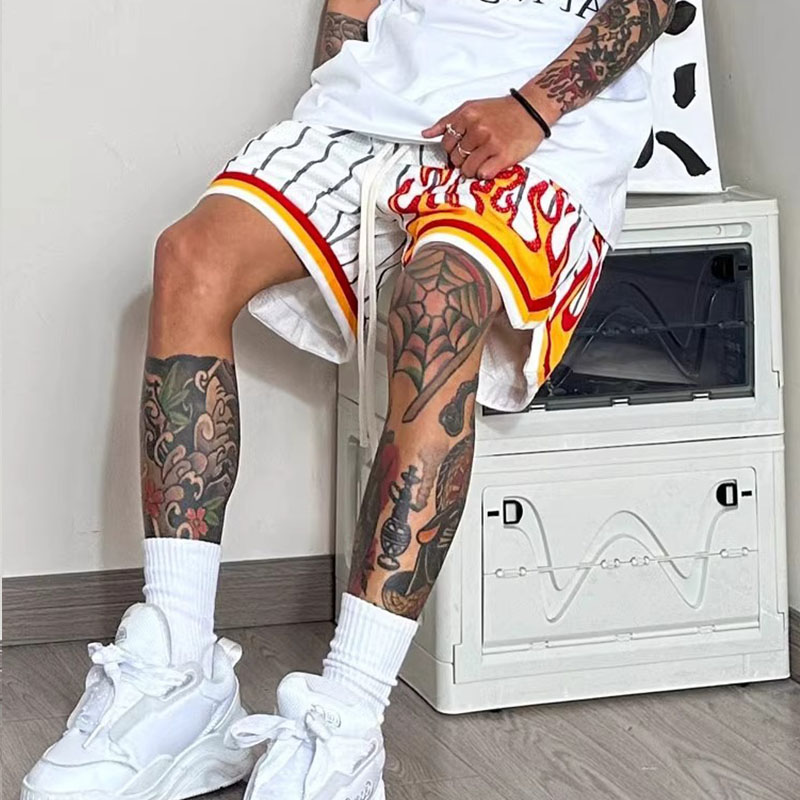 Hip Hop Flame Stripe Mesh Track Shorts