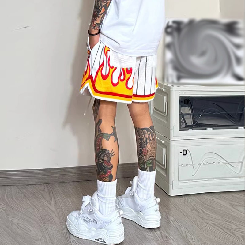 Hip Hop Flame Stripe Mesh Track Shorts