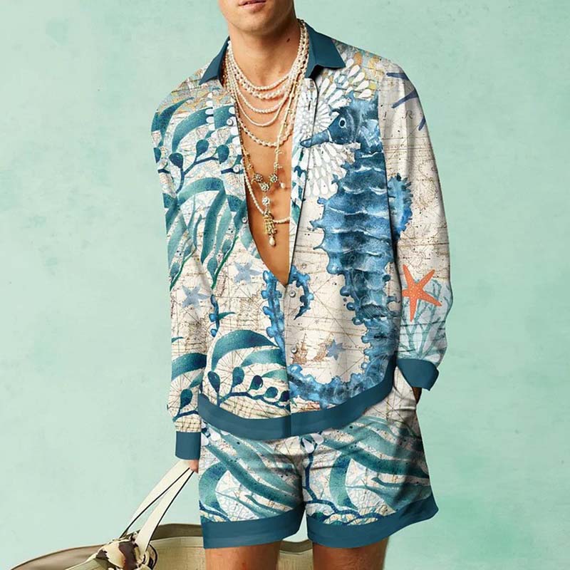 Marine Life Print Simple Long Sleeved Shirt +Shorts Set