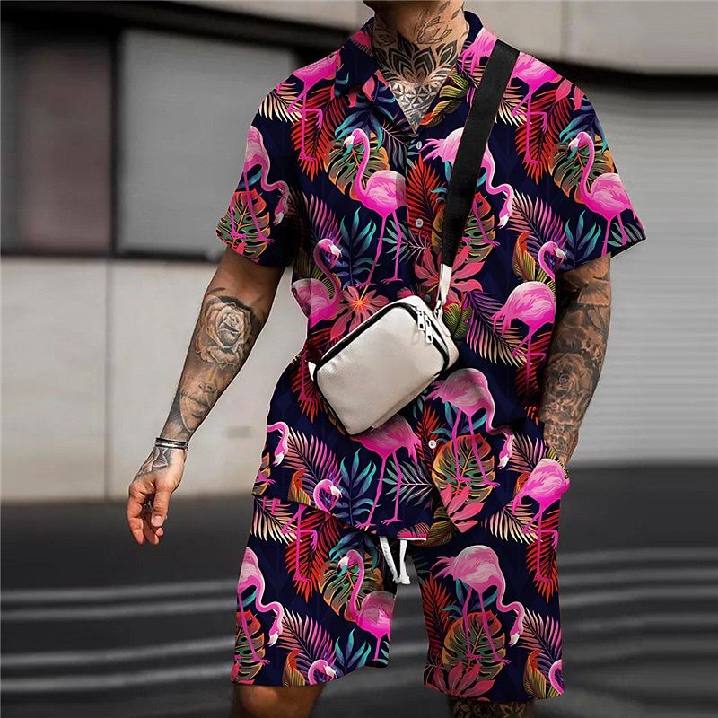 Flamingo Floral Print Hawaiian Shirt Set