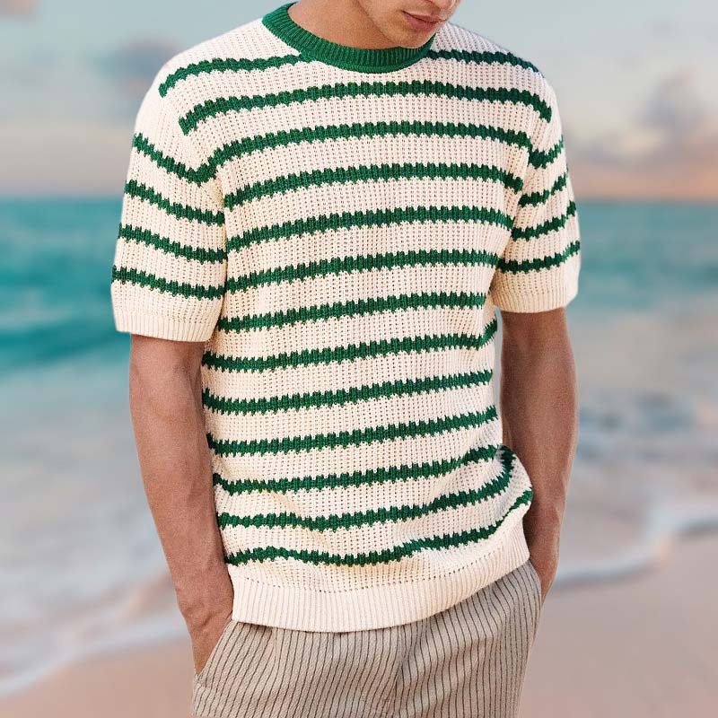 Resort Style Knitted Crew Neck Striped T-shirt